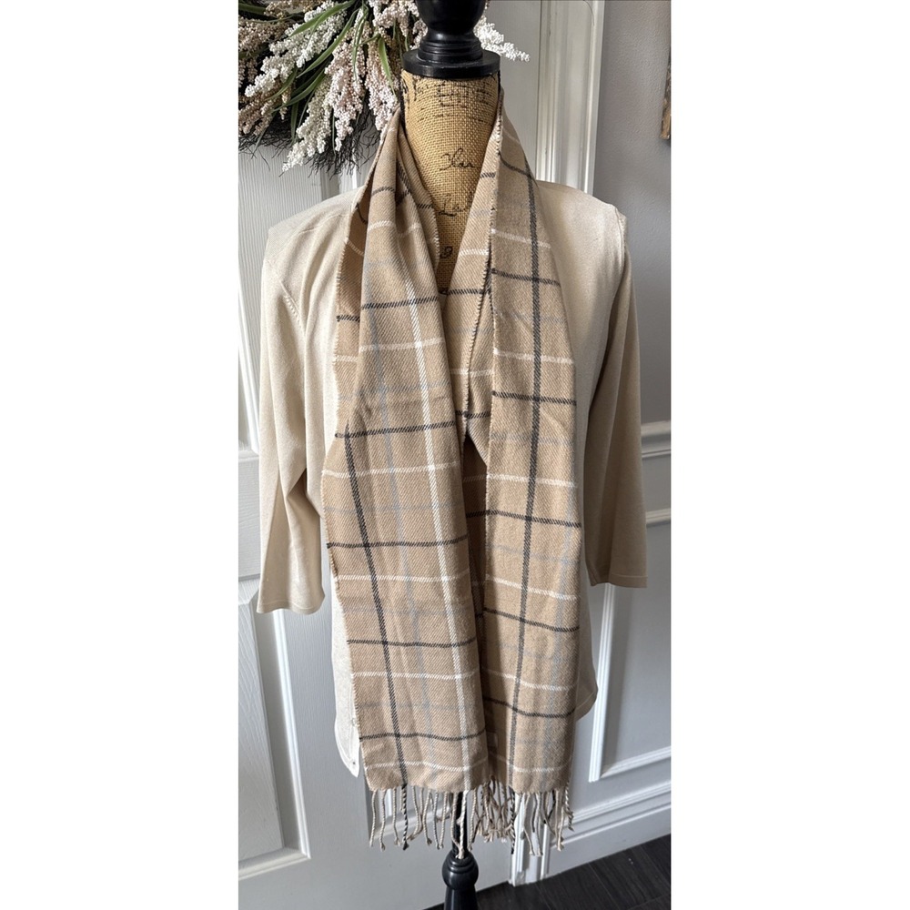 Calvin Klein scarf with a camel and plaid pattern with a fringed edge 72" x 11"
